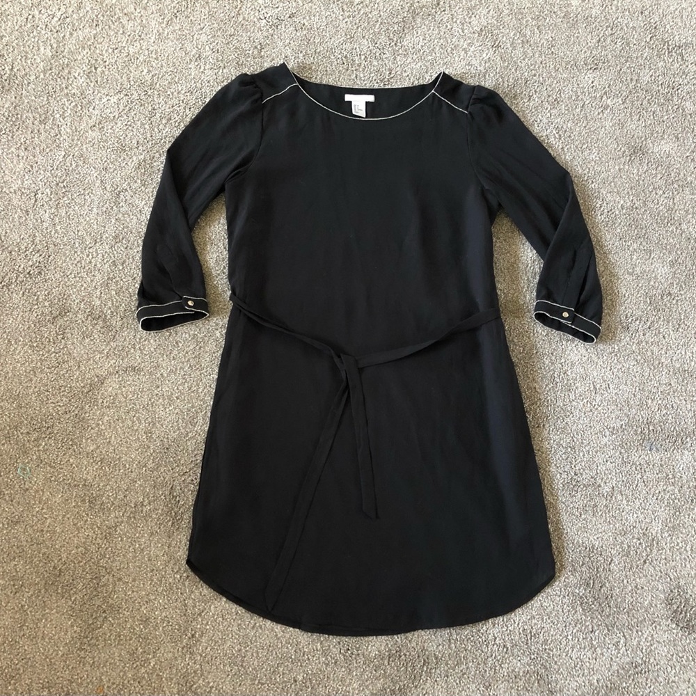 H&M Black Dress size 6 Beaded neckline and sleeves tie elastic waist round hem